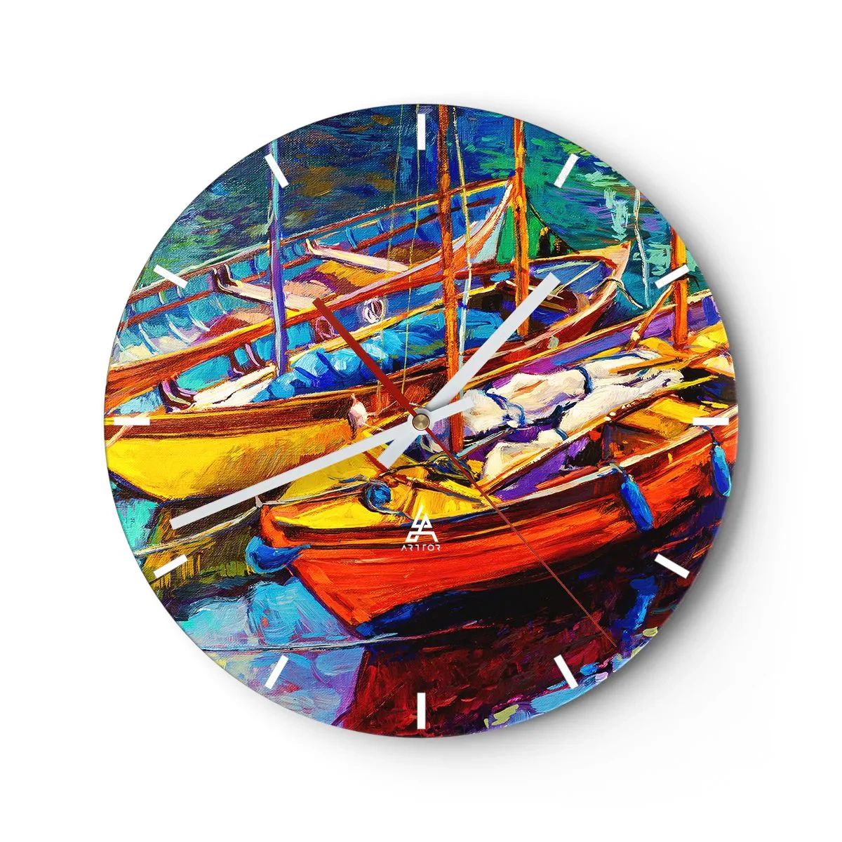 Wanduhr - Glasuhr - Bunte Boote im Hafen - 30x30cm - Auf Wasser dick mit Farben - Moderne Wanddekoration für Wohnzimmer, Küche und Schlafzimmer ARTTOR
