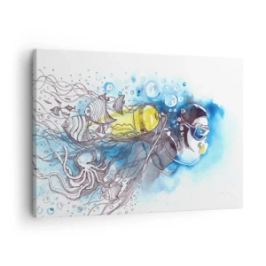 Bild auf Leinwand - Leinwandbild - Unterwasserszene mit einem Taucher und exotischen Fischen - 70x50cm - Tolles Blau - Moderne Wanddekoration für Wohnzimmer und Schlafzimmer ARTTOR