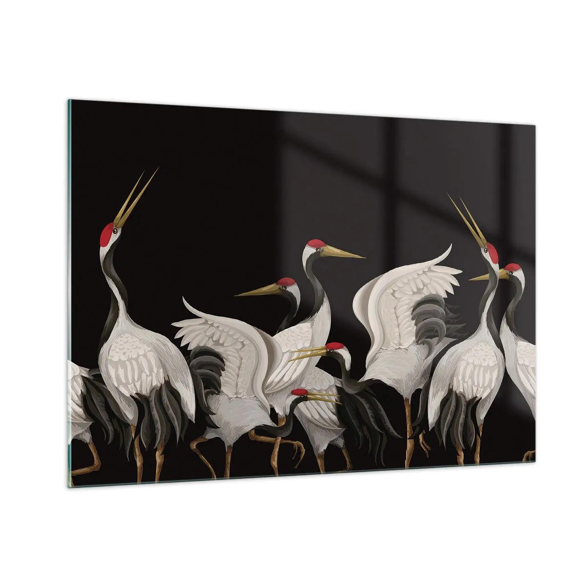 Glasbild - Bild auf glas - Weiße Kraniche mit roten Köpfen auf schwarzem Hintergrund - 100x70cm - Vogelsachen - Moderne Wanddekoration für Wohnzimmer und Schlafzimmer ARTTOR
