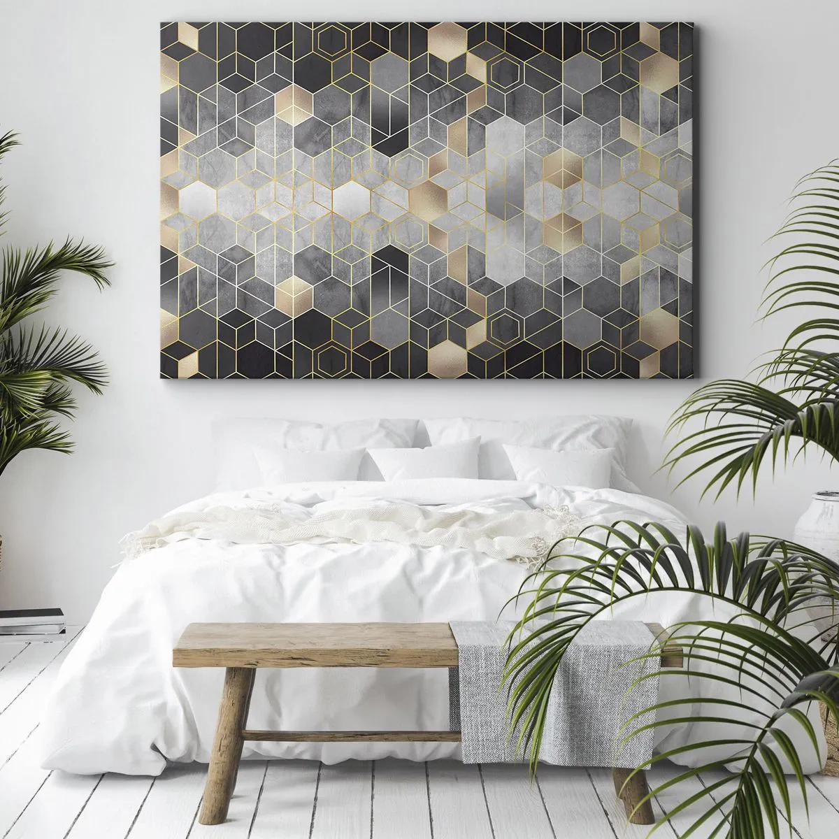 Bild auf Leinwand - Leinwandbild - Geometrisches Muster in goldenen Farbtönen - 100x70cm - Diamant-Komposition - Moderne Wanddekoration für Wohnzimmer und Schlafzimmer ARTTOR
