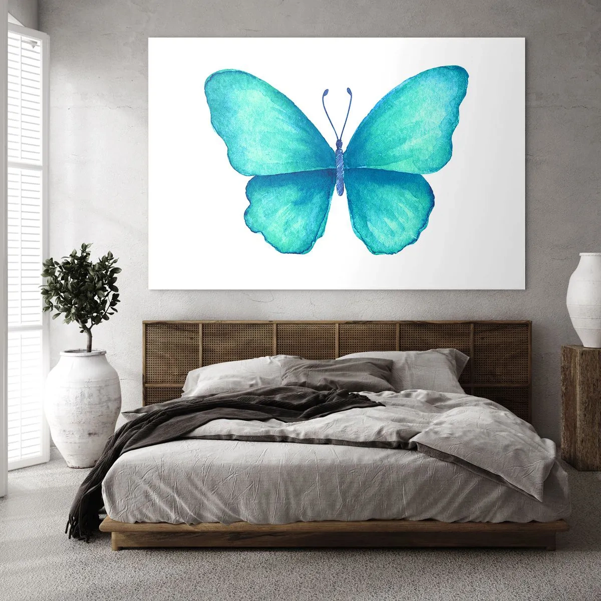 Glasbild - Bild auf glas - Blauer Schmetterling im Aquarellstil auf weißem Hintergrund - 70x50cm - Türkis von Natur aus - Moderne Wanddekoration für Wohnzimmer und Schlafzimmer ARTTOR