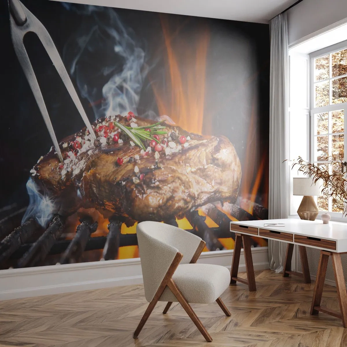 Fototapete Premium Sand - Saftiges Steak auf dem Grill mit Feuer im Hintergrund - 100x70cm - Saftig und duftend - Moderne Wanddekoration für Wohnzimmer und Schlafzimmer ARTTOR