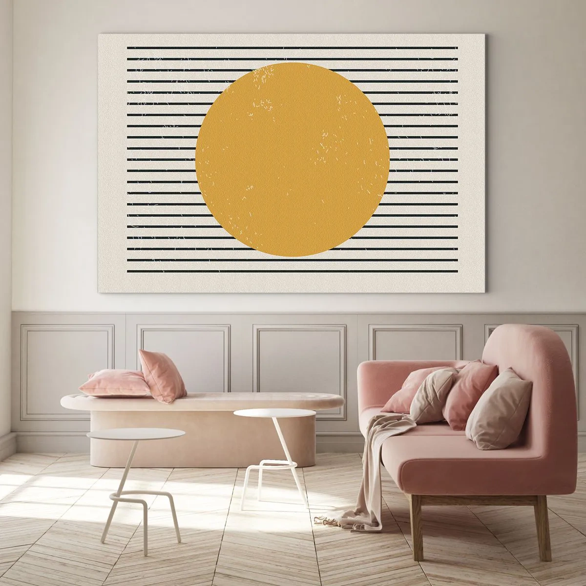 Glasbild - Bild auf glas - Ein orangefarbener Kreis vor einem Hintergrund aus horizontalen schwarzen Linien auf beigem Untergrund. - 70x50cm - Die Kraft der Einfachheit - Moderne Wanddekoration für Wohnzimmer und Schlafzimmer ARTTOR