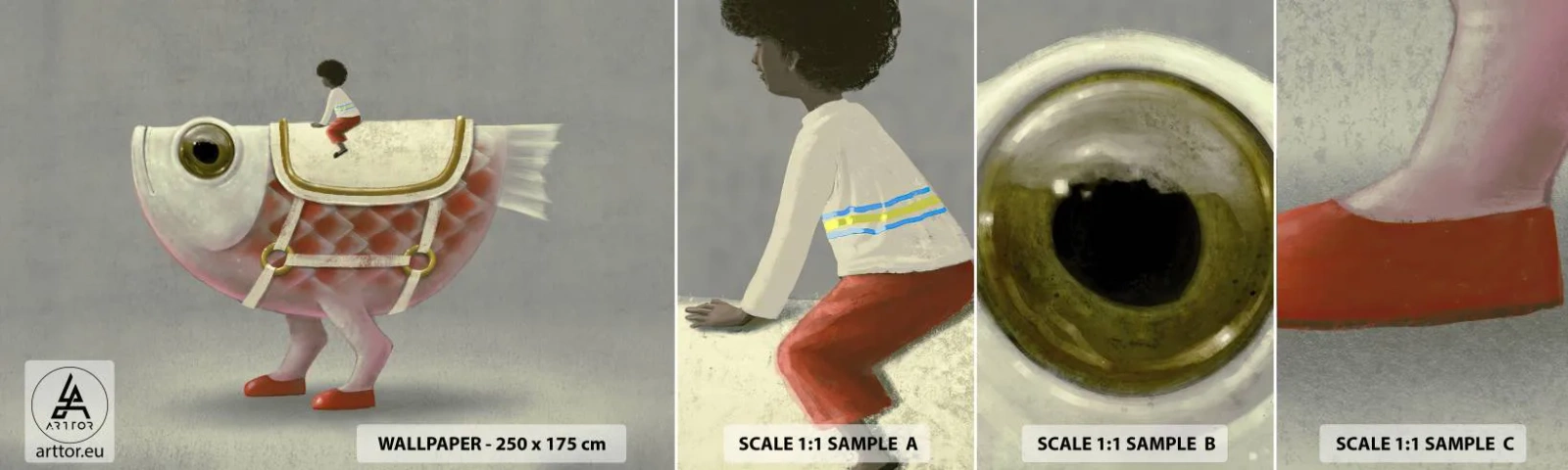 Fototapeten Muster Selbstklebend Deluxe Sticker - Reiter auf einem surrealen Fisch - Abstraktion, Fisch, Für Kinder - 100x30 cm