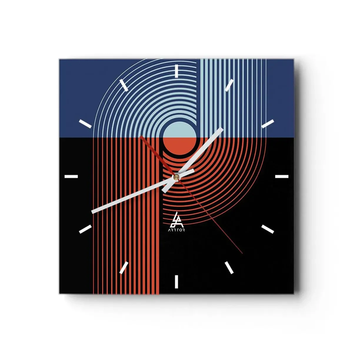 Wanduhr - Glasuhr - Geometrische Abstraktion mit Linien in Marineblau und Orange. - 30x30cm - In einer geometrischen Umarmung - Moderne Wanddekoration für Wohnzimmer und Schlafzimmer ARTTOR