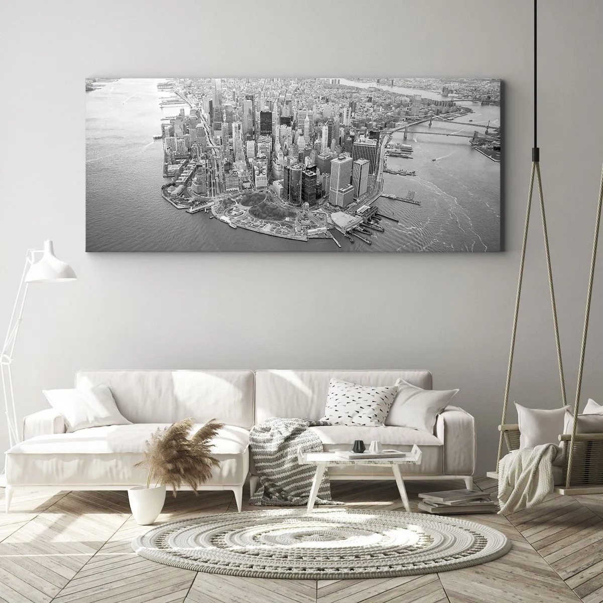 Bild auf Leinwand - Leinwandbild - Luftaufnahme von Manhattan in Schwarzweiß - 160x50cm - Und wie kann es man nicht lieben? - Moderne Wanddekoration für Wohnzimmer und Schlafzimmer ARTTOR