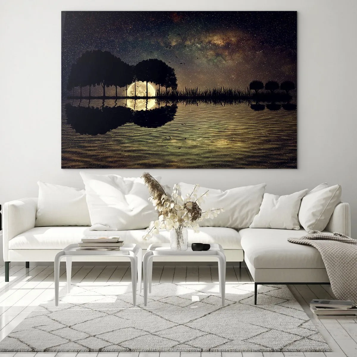 Glasbild - Bild auf glas - Nachtszene mit einem im Wasser reflektierten Vollmond - 100x70cm - Nacht am Ende der Welt - Moderne Wanddekoration für Wohnzimmer und Schlafzimmer ARTTOR