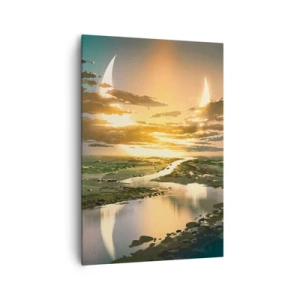 Bild auf Leinwand - Leinwandbild - Eine fantastische Landschaft mit zwei Monden am Horizont - 70x100cm - Irgendwo in einer weit, weit entfernten Galaxie - Moderne Wanddekoration für Wohnzimmer und Schlafzimmer ARTTOR