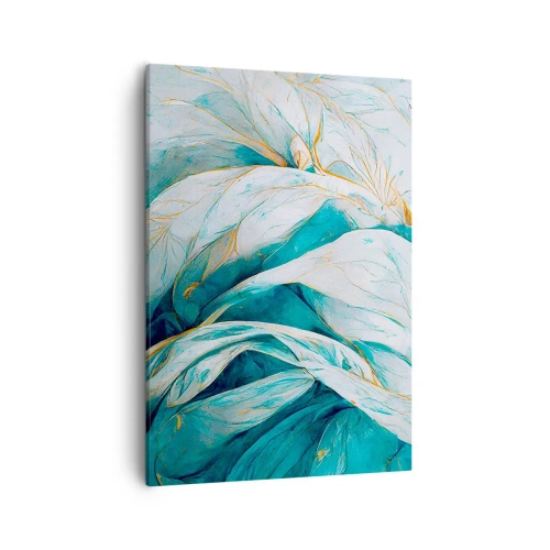 Bild auf Leinwand - Leinwandbild - Abstrakte blaue Blätter mit goldenen Details - 50x70cm - Blaue Abstraktion mit goldenem Motiv - Moderne Wanddekoration für Wohnzimmer und Schlafzimmer ARTTOR