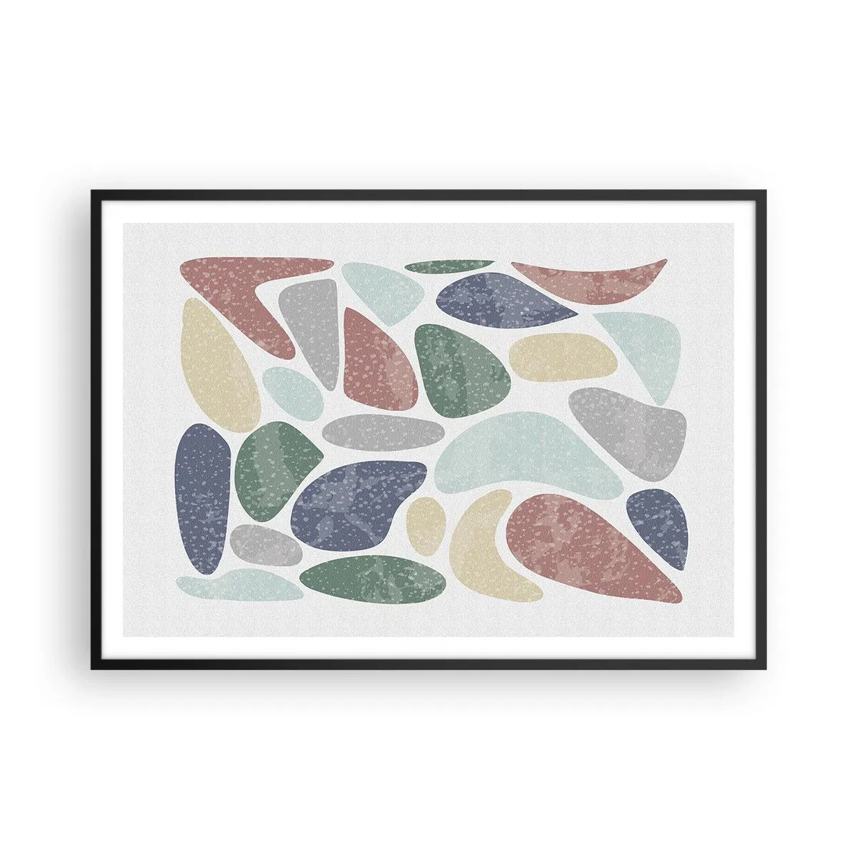 Poster in einem schwarzem Rahmen - Bunte organische Formen auf weißem Hintergrund - 100x70cm - Mosaik aus pulverförmigen Farben - Moderne Wanddekoration für Wohnzimmer und Schlafzimmer ARTTOR