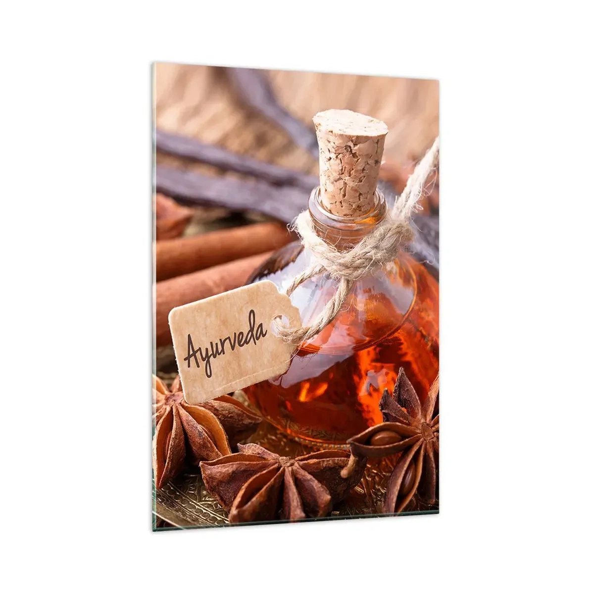 Glasbild - Bild auf glas - Eine Flasche Gewürzöl auf einem Tablett - 80x120cm - Zur Einheit von Körper und Geist - Moderne Wanddekoration für Wohnzimmer und Schlafzimmer ARTTOR