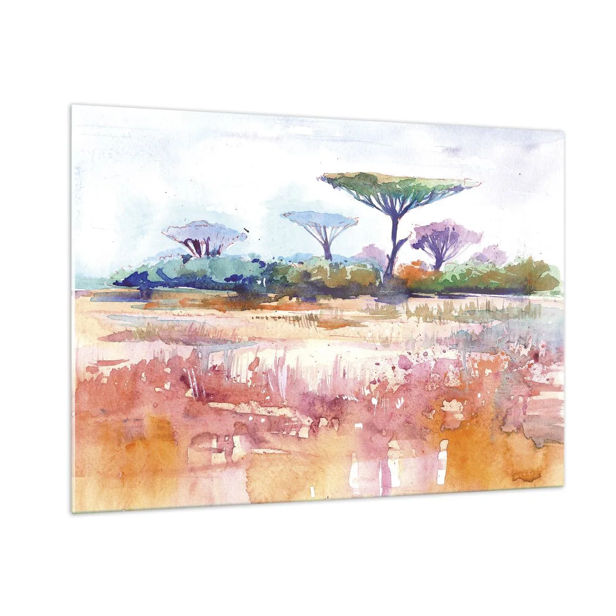 Glasbild - Bild auf glas - Aquarell Savannenlandschaft mit Bäumen und Vegetation - 100x70cm - Savannah-Farben - Moderne Wanddekoration für Wohnzimmer und Schlafzimmer ARTTOR