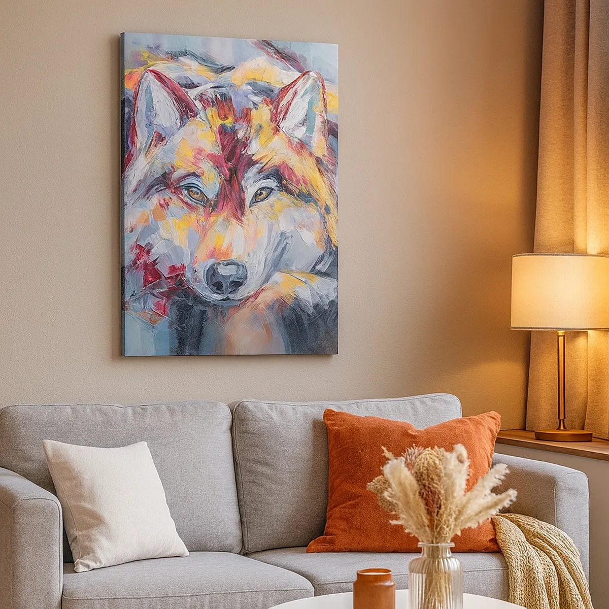 Bild auf Leinwand - Leinwandbild - Künstlerisches Wolfsportrait in intensiven Farben - 50x70cm - Seelenfrieden unter den Lieben - Moderne Wanddekoration für Wohnzimmer und Schlafzimmer ARTTOR