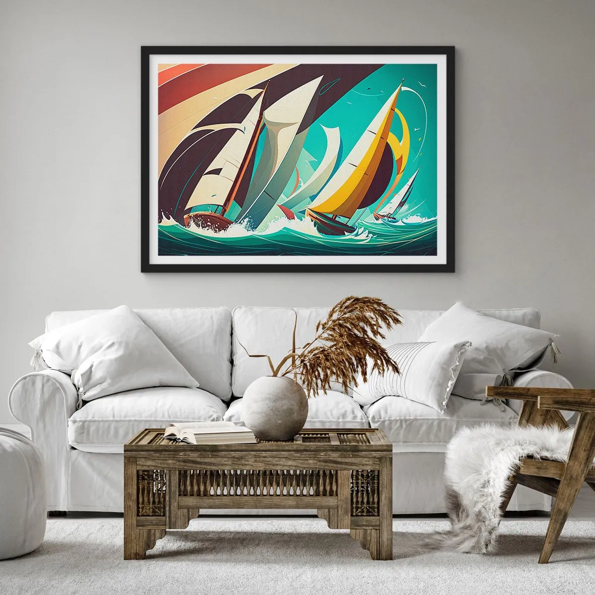 Poster in einem schwarzem Rahmen - Eine dynamische Illustration von Segelbooten in stürmischer See. - 100x70cm - Viel Glück mit den Elementen - Moderne Wanddekoration für Wohnzimmer und Schlafzimmer ARTTOR