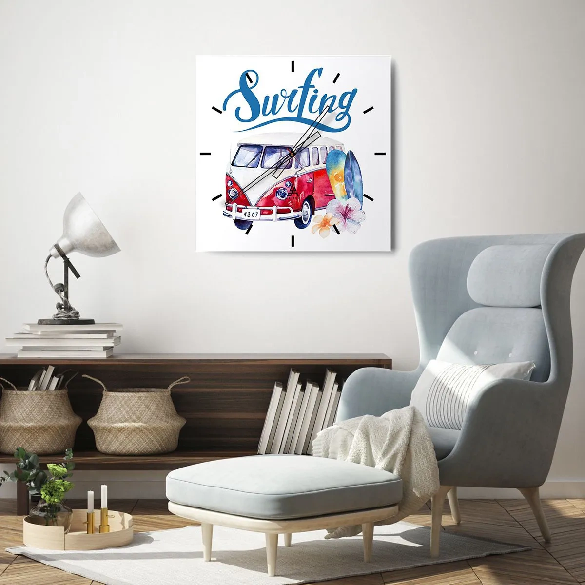 Wanduhr - Glasuhr - Bunte Grafiken mit einem Bus und einem Surfthema - 30x30cm - Gurke - ein Klassiker für einen Surfer - Moderne Wanddekoration für Wohnzimmer und Schlafzimmer ARTTOR