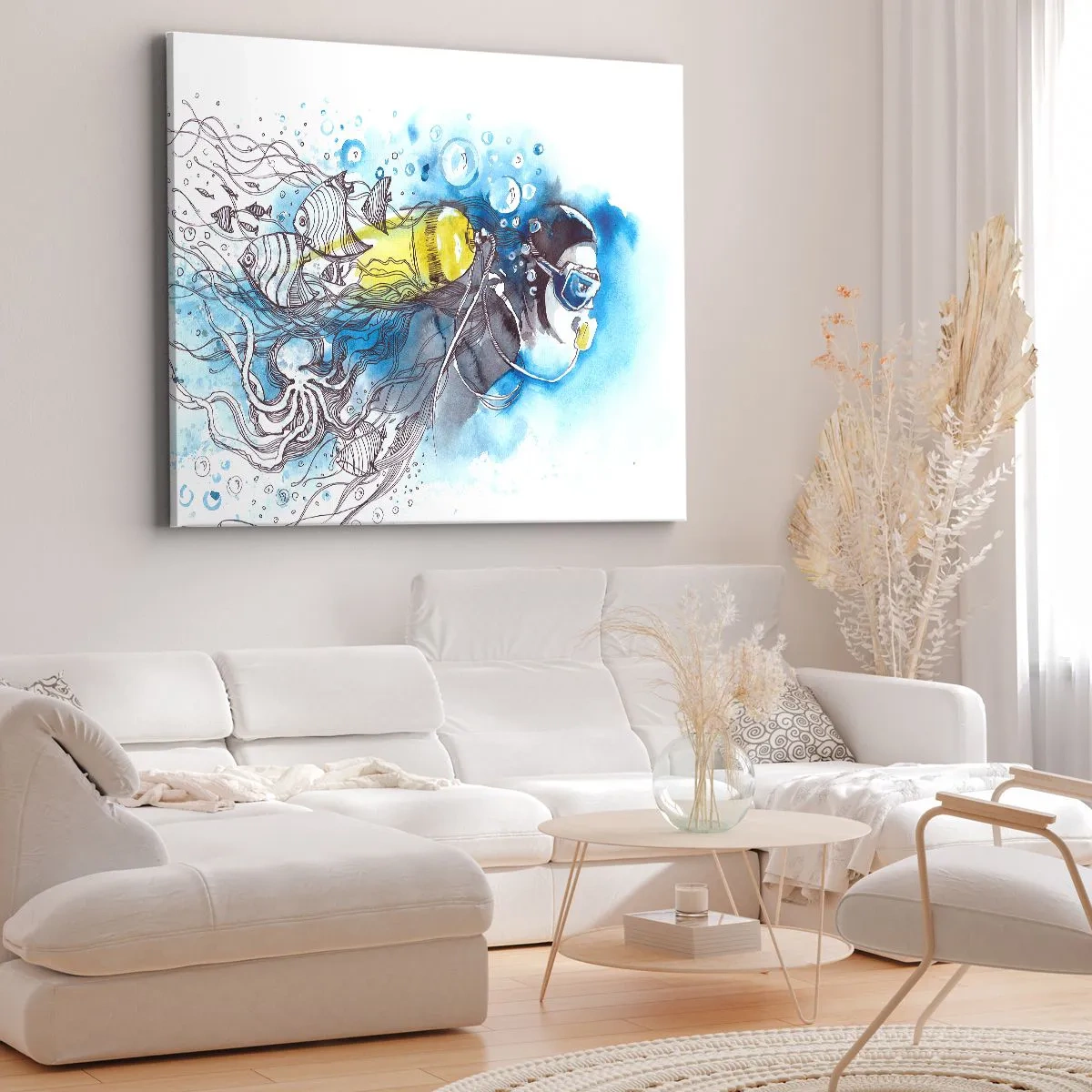 Bild auf Leinwand - Leinwandbild - Unterwasserszene mit einem Taucher und exotischen Fischen - 120x80cm - Tolles Blau - Moderne Wanddekoration für Wohnzimmer und Schlafzimmer ARTTOR