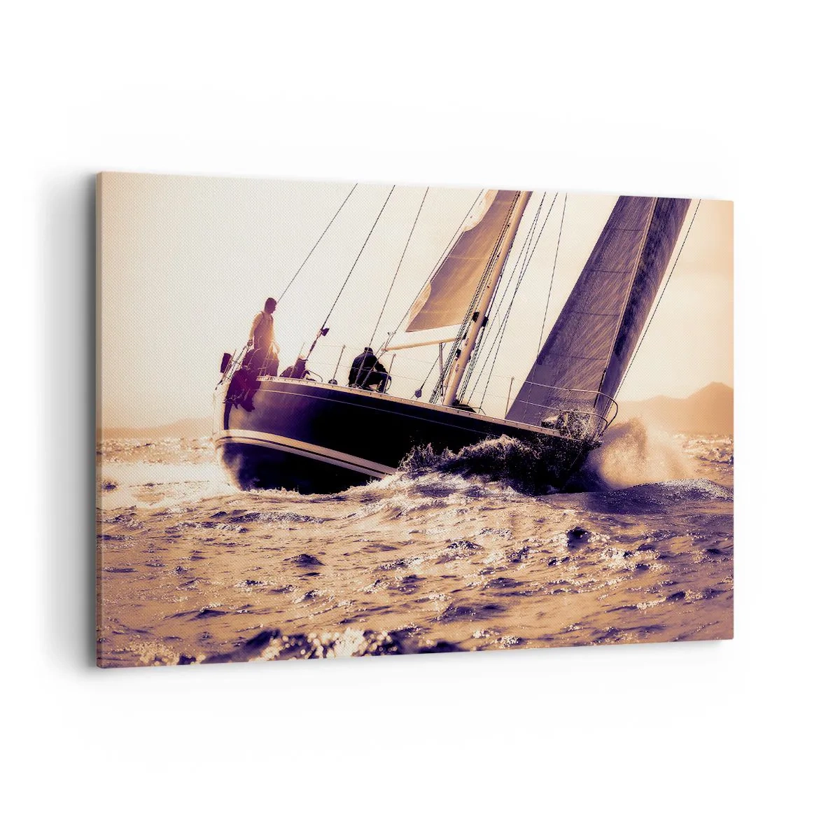 Bild auf Leinwand - Leinwandbild - Eine Yacht auf stürmischer See im Licht der untergehenden Sonne - 120x80cm - Segle, Seemann - Moderne Wanddekoration für Wohnzimmer und Schlafzimmer ARTTOR