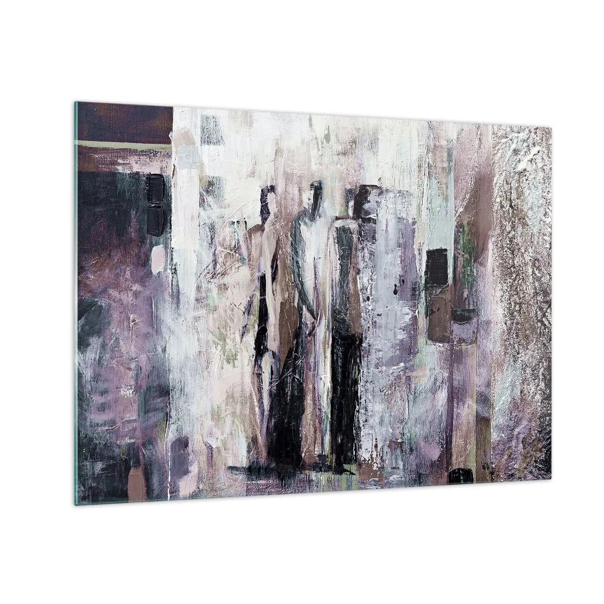 Glasbild - Bild auf glas - Abstrakte Silhouetten von Figuren vor einem strukturierten Farbhintergrund - 70x50cm - Die geheimnisvolle Drei - Moderne Wanddekoration für Wohnzimmer und Schlafzimmer ARTTOR