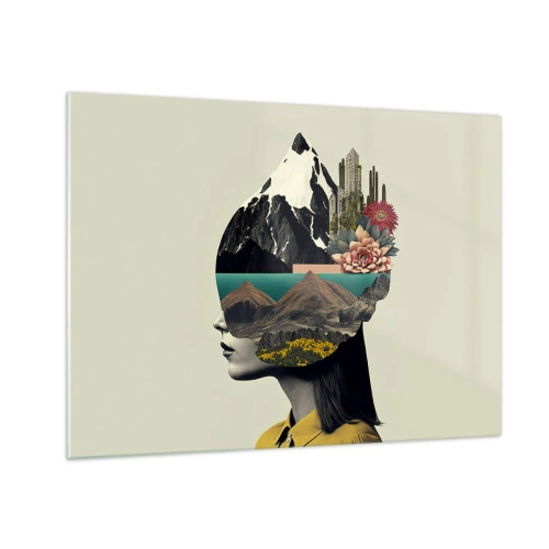 Glasbild - Bild auf glas - Silhouette einer Frau mit einer Berglandschaft und Flora im Kopf - 70x50cm - Frau – bleibt immer ein Geheimnis - Moderne Wanddekoration für Wohnzimmer und Schlafzimmer ARTTOR
