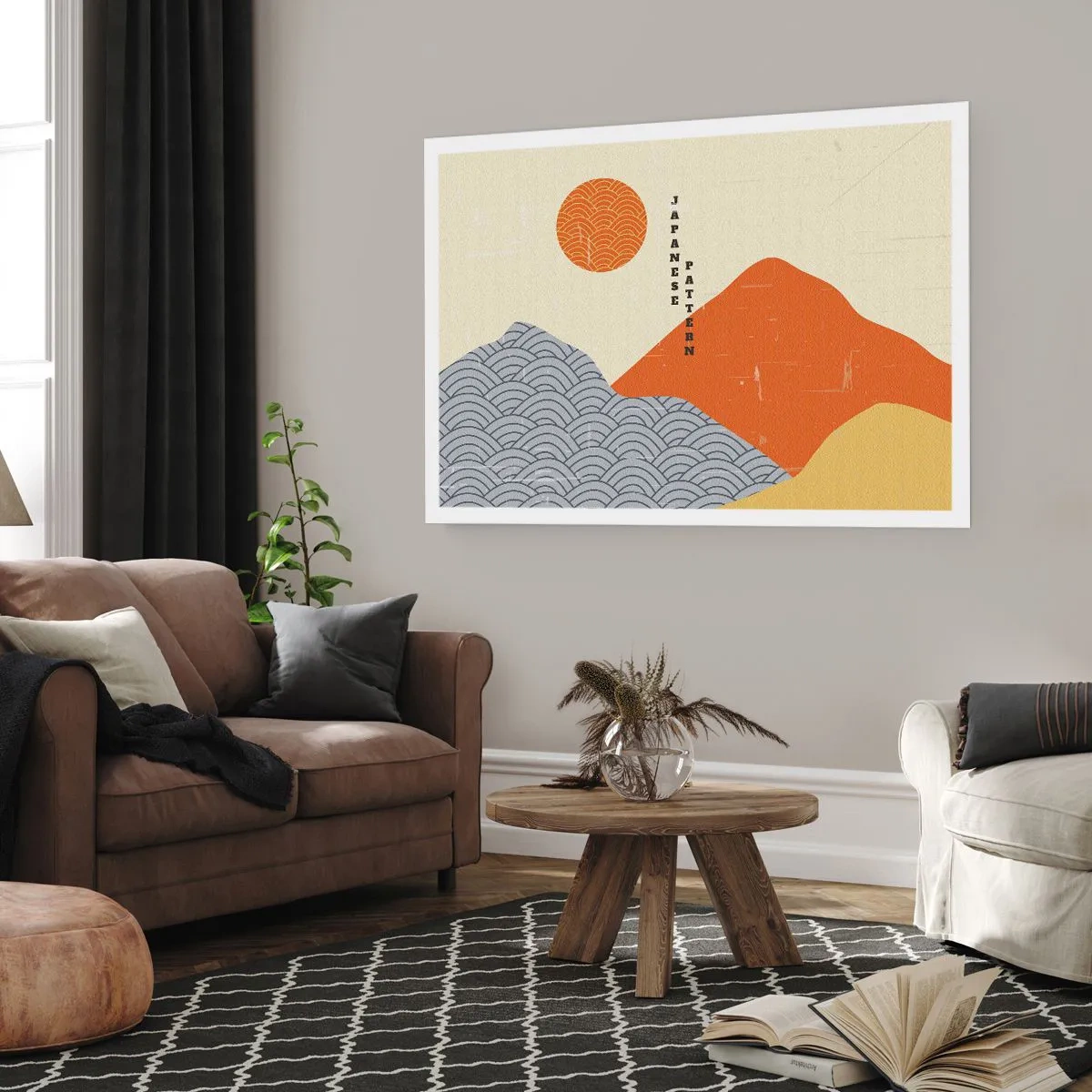 Poster - Japanische Muster mit Bergen, Sonne und minimalistischem Stil - 100x70cm - Im japanischen Geist - Moderne Wanddekoration für Wohnzimmer und Schlafzimmer ARTTOR