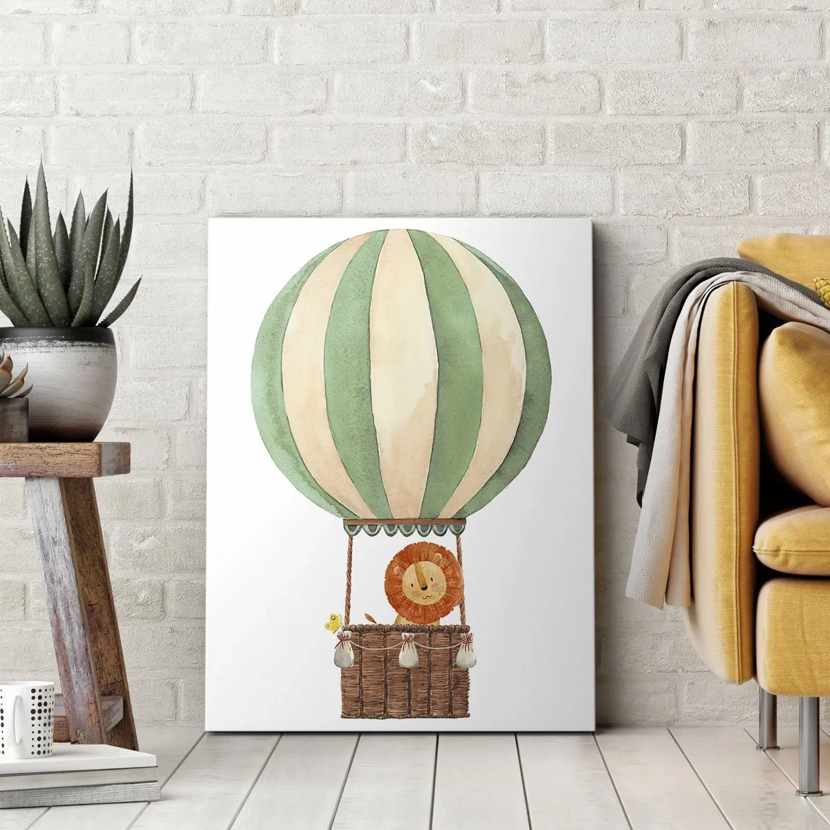 Bild auf Leinwand - Leinwandbild - Ein Ballon mit einem lächelnden Löwen in einem pastellfarbenen Korb - 50x70cm - Leons Reisen - Moderne Wanddekoration für Wohnzimmer und Schlafzimmer ARTTOR