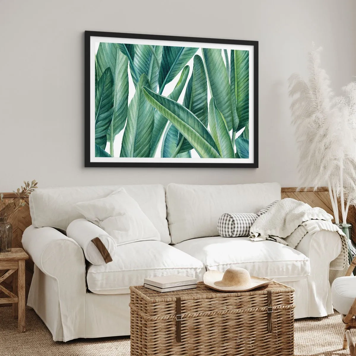 Poster in einem schwarzem Rahmen - Grüne Blätter im minimalistischen, botanischen Stil - 70x50cm - An und für sich Grün - Moderne Wanddekoration für Wohnzimmer und Schlafzimmer ARTTOR