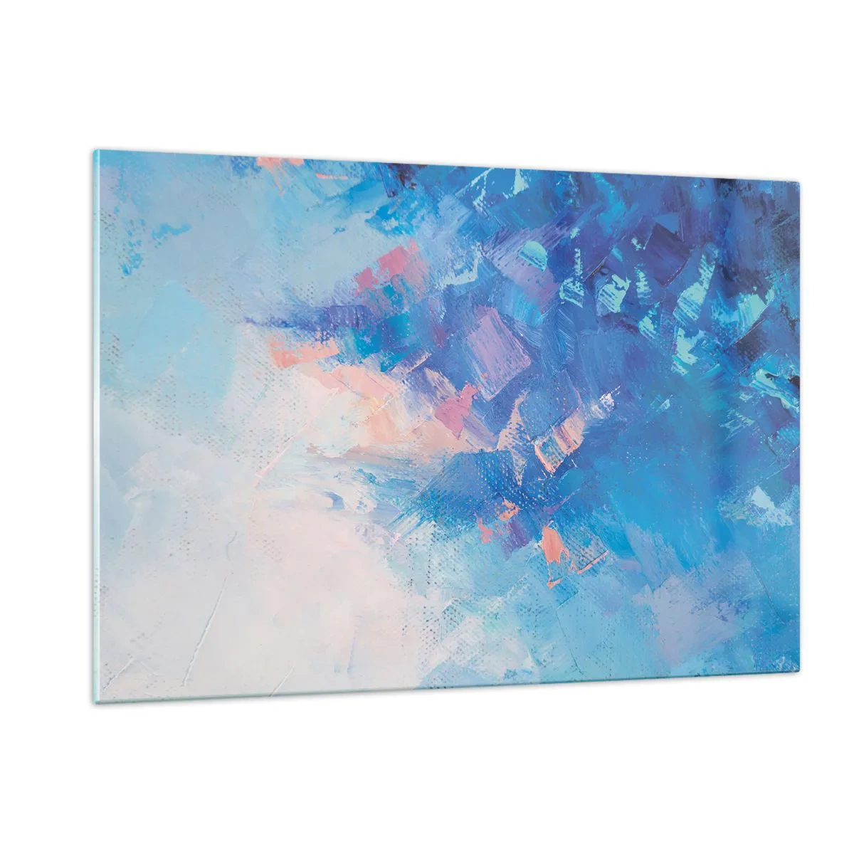 Glasbild - Bild auf glas - Abstrakte Winterlandschaft mit kühlen Blau- und zarten Rosatönen - 120x80cm - Winter-Abstraktion - Moderne Wanddekoration für Wohnzimmer und Schlafzimmer ARTTOR