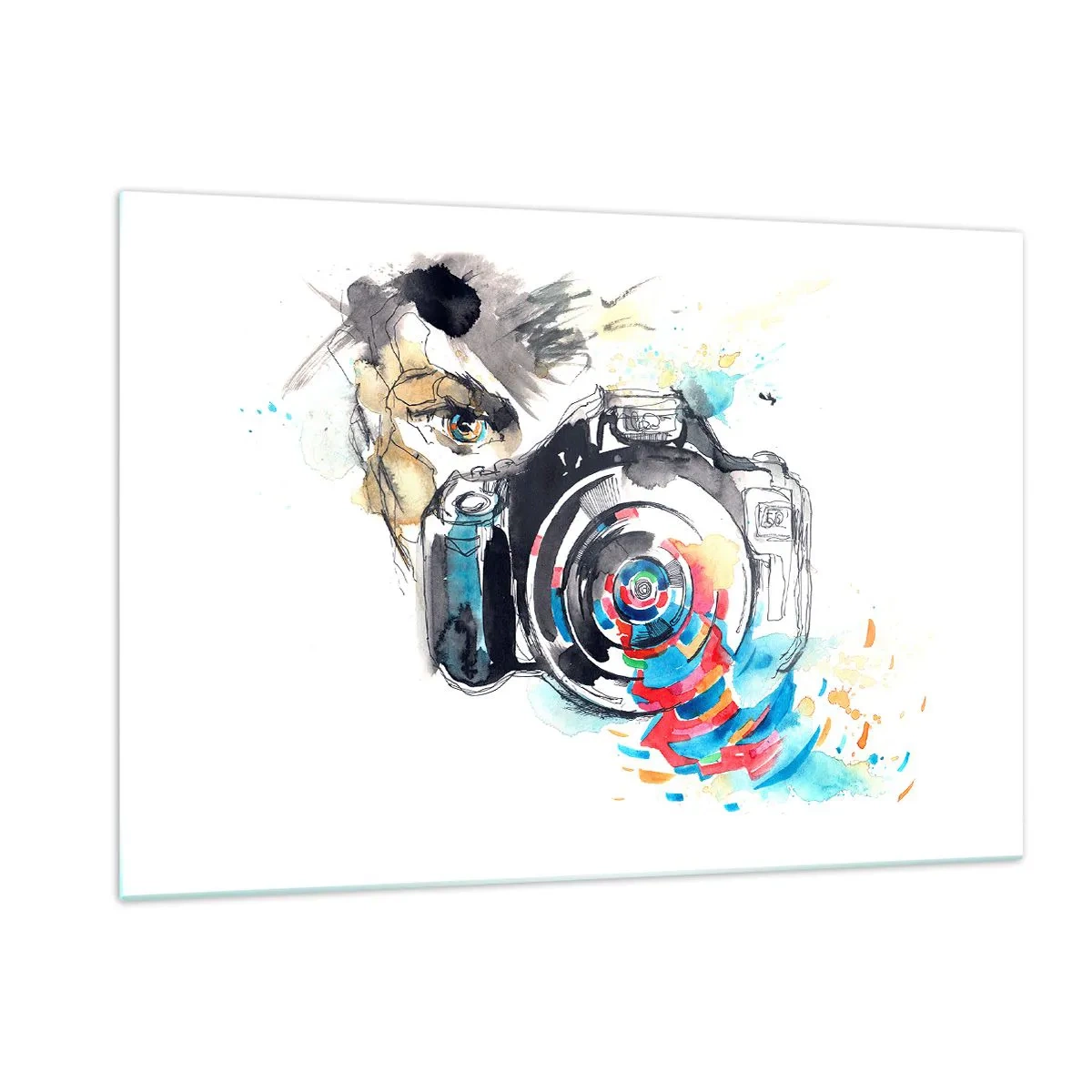 Glasbild - Bild auf glas - Kamera mit abstrakten bunten Elementen - 120x80cm - Im Auge der Linse - Moderne Wanddekoration für Wohnzimmer und Schlafzimmer ARTTOR