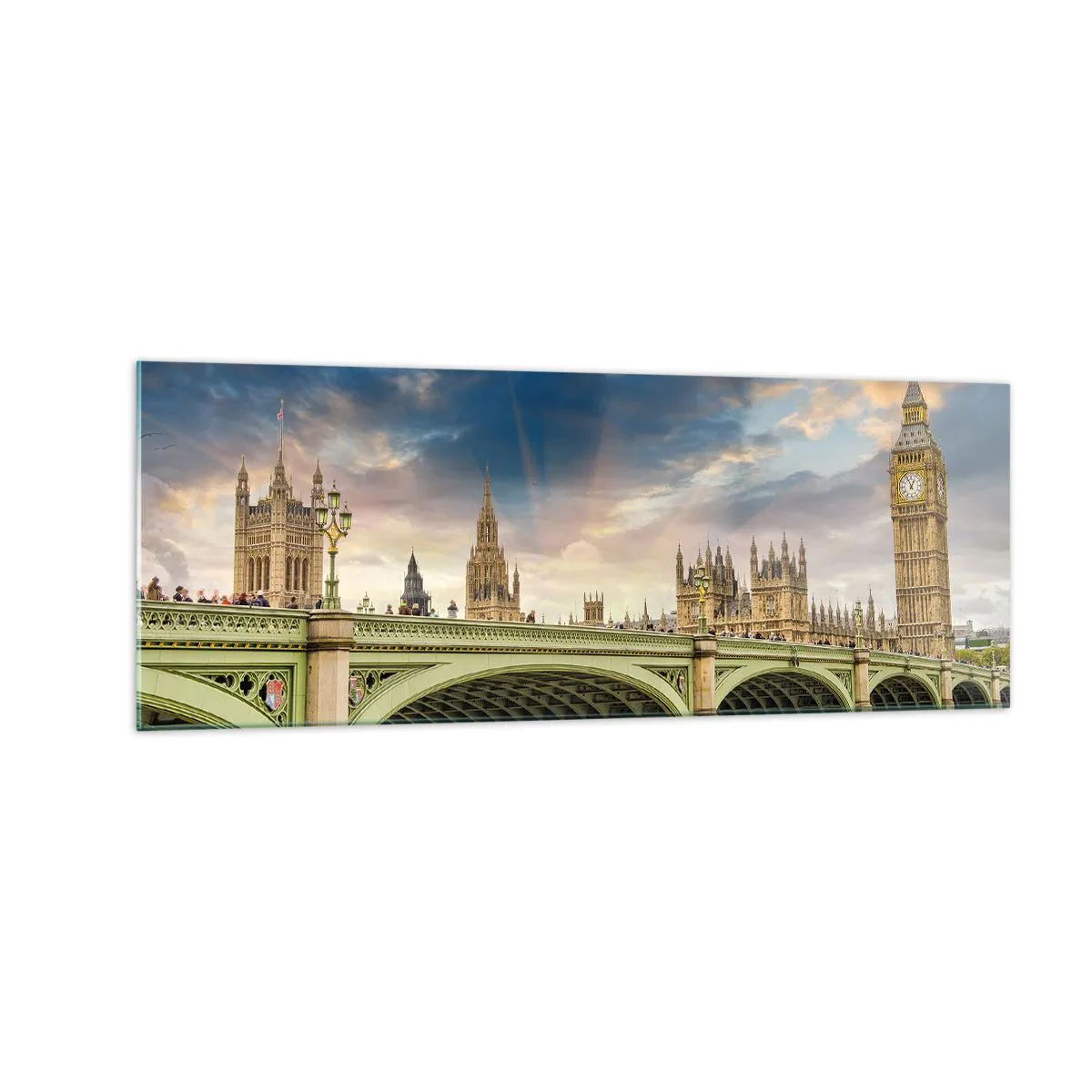 Glasbild - Bild auf glas - Big Ben und Westminster Bridge gegen den Himmel in der Abenddämmerung - 140x50cm - Im Imperium ist die Zeit stehen geblieben - Moderne Wanddekoration für Wohnzimmer und Schlafzimmer ARTTOR
