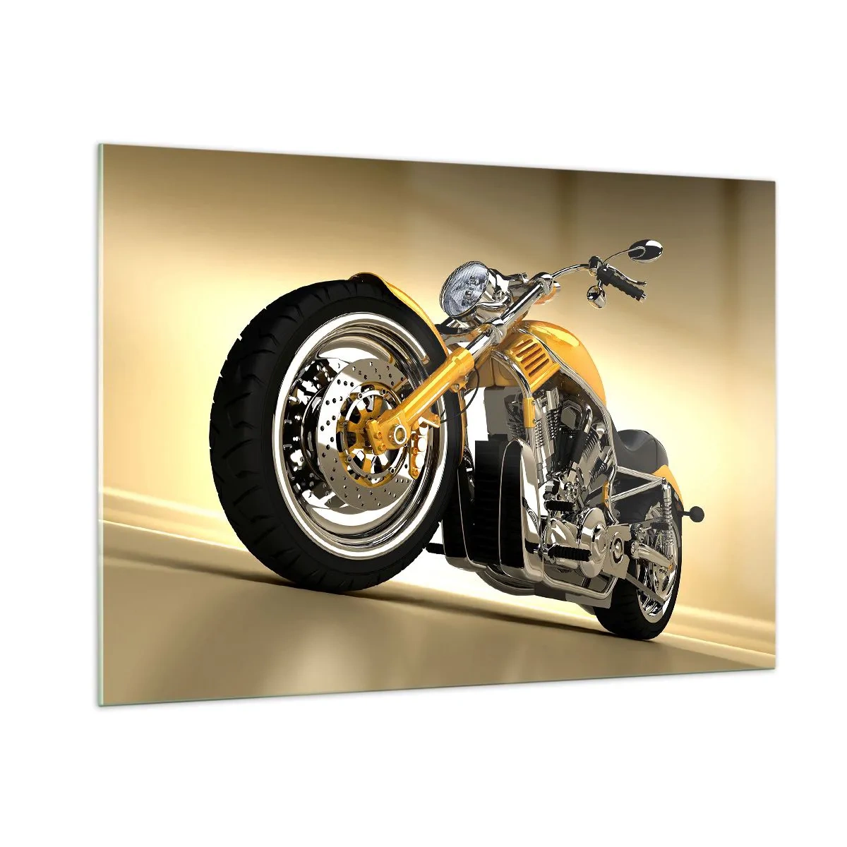 Glasbild - Bild auf glas - Ein goldenes Custom-Motorrad vor hellem Hintergrund - 100x70cm - Ein Traum von Kraft und Geschwindigkeit - Moderne Wanddekoration für Wohnzimmer und Schlafzimmer ARTTOR