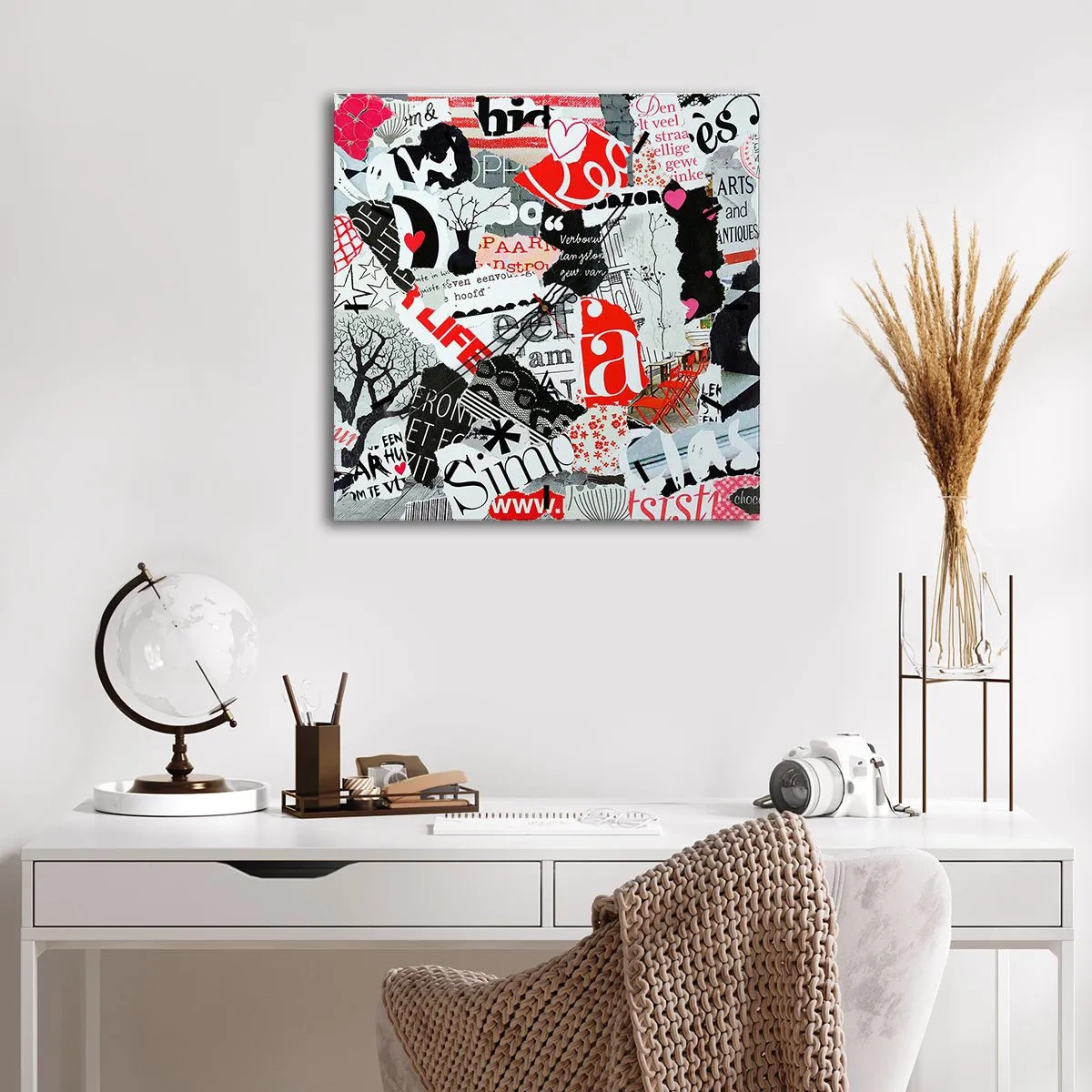 Wanduhr - Glasuhr - Hipster-Collage - 40x40 cm