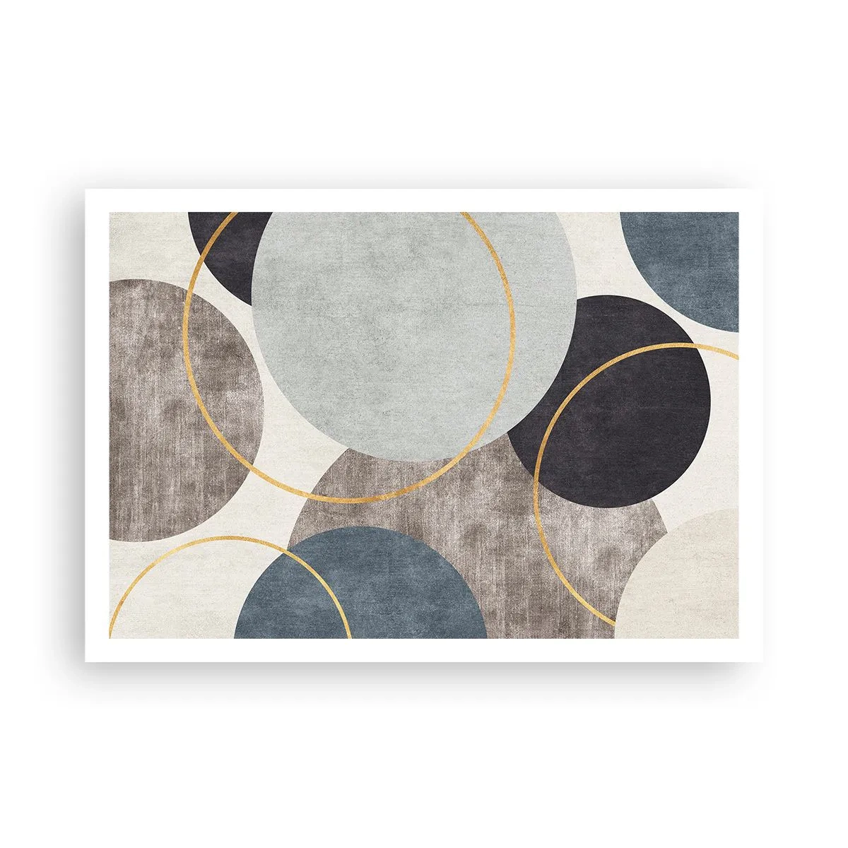 Poster - Geometrische Kreise in Grau-, Blau- und Goldtönen - 100x70cm - Rad für Rad - Moderne Wanddekoration für Wohnzimmer und Schlafzimmer ARTTOR