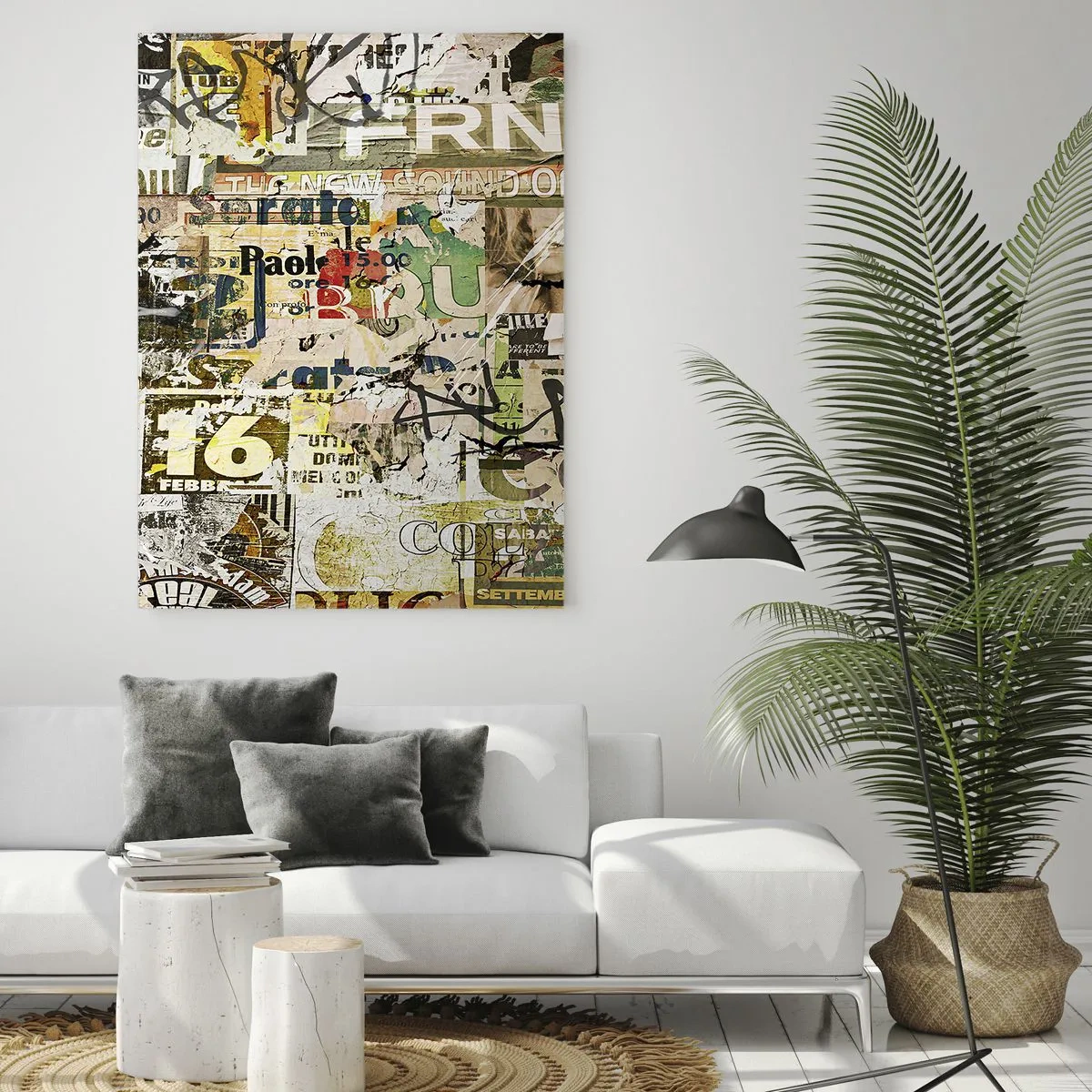 Glasbild - Bild auf glas - Eine Collage aus Zeitungs- und Plakatfragmenten im künstlerischen Stil. - 80x120cm - Ach, es passiert... - Moderne Wanddekoration für Wohnzimmer und Schlafzimmer ARTTOR