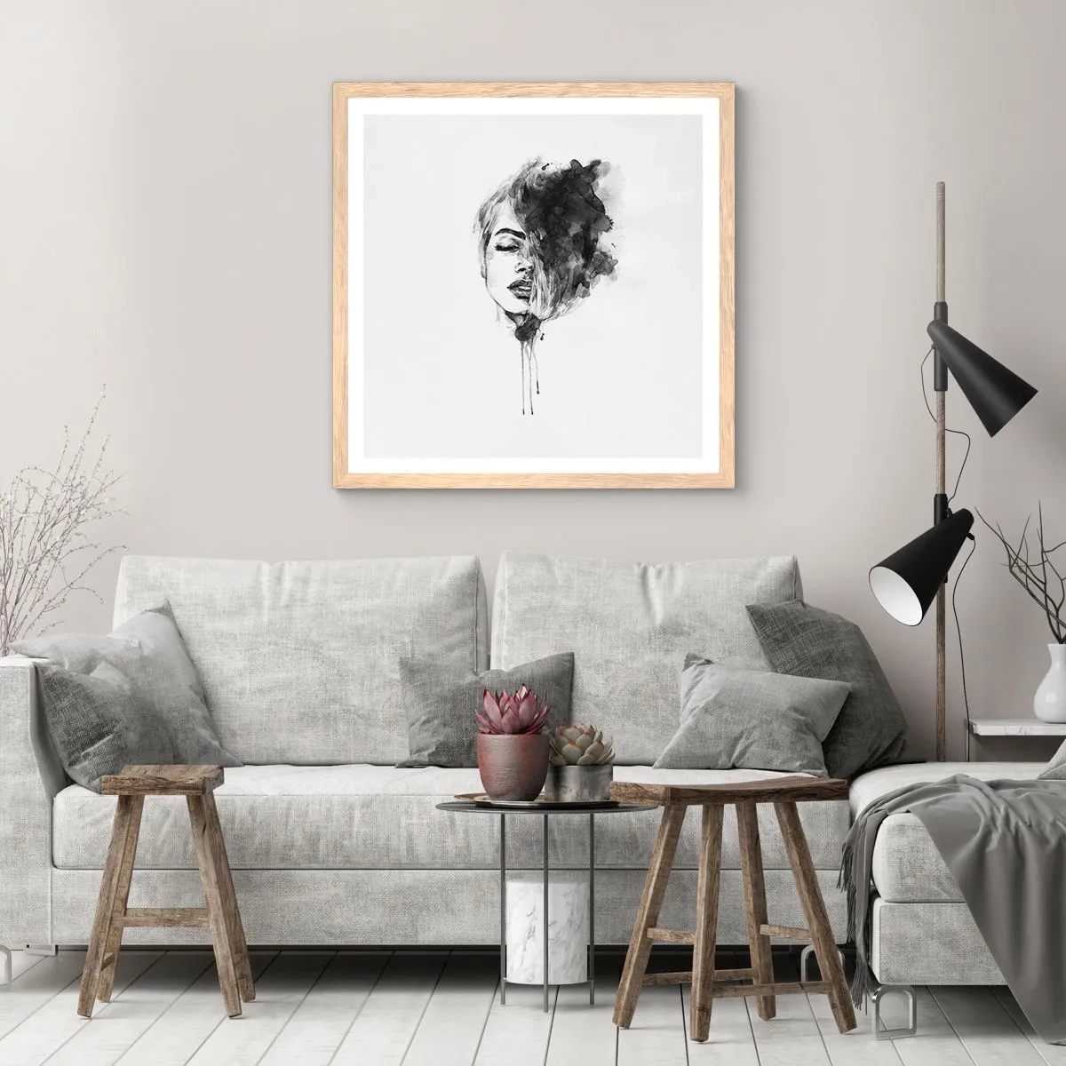 Poster in einem Rahmen aus heller Eiche - Wovon träumt das Mädchen - 60x60 cm