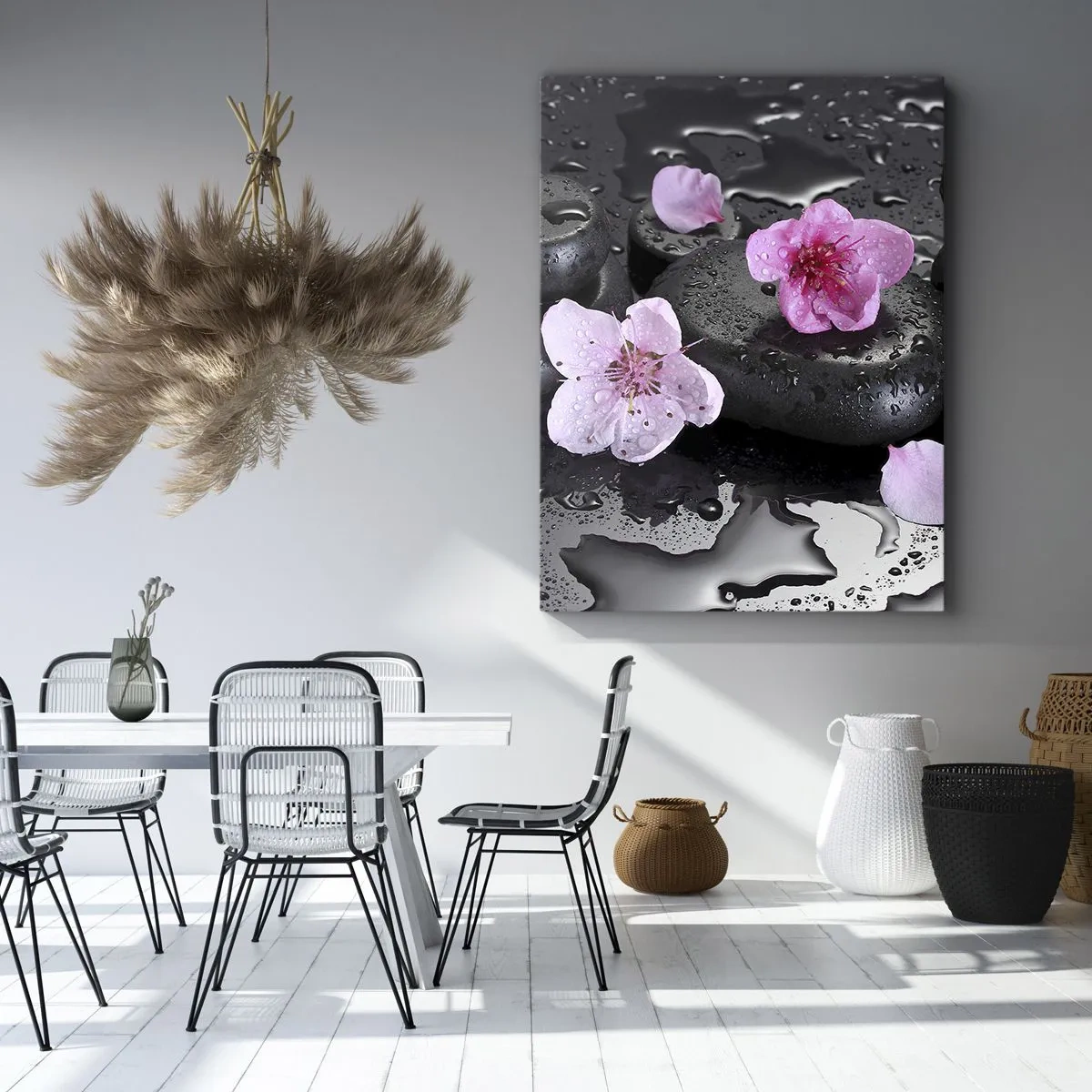 Bild auf Leinwand - Leinwandbild - Schwarze Steine und rosa Blumen im Spa-Stil - 50x70cm - Und der Stein fällt vom Herzen - Moderne Wanddekoration für Wohnzimmer und Schlafzimmer ARTTOR