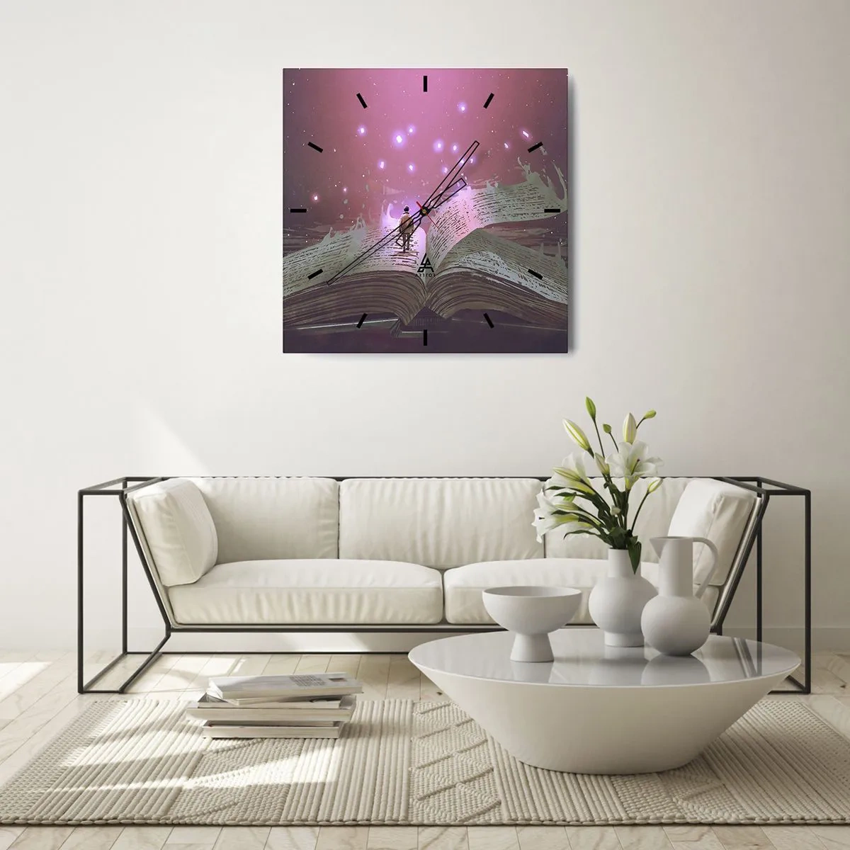 Wanduhr - Glasuhr - Eine Figur tritt in einem magischen Licht auf ein offenes Buch. - 30x30cm - Einladung in eine andere Welt - lesen Sie! - Moderne Wanddekoration für Wohnzimmer und Schlafzimmer ARTTOR