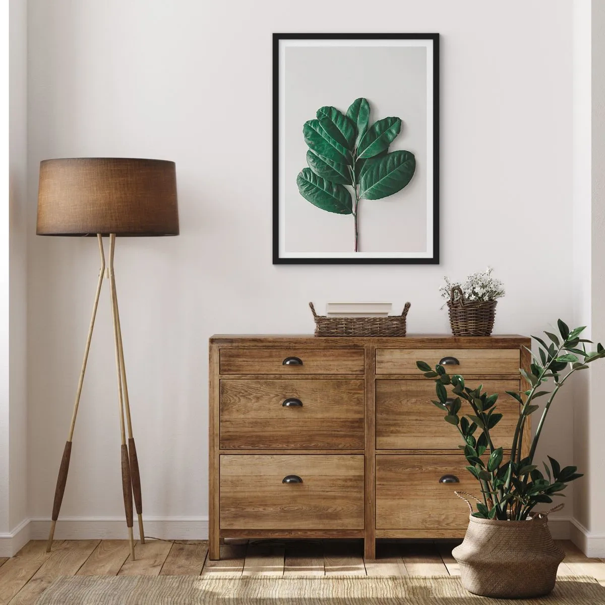 Poster in einem schwarzem Rahmen - Ein Zweig mit dunkelgrünen Blättern auf hellem Hintergrund - 50x70cm - Eine Zeichnung purer Natur - Moderne Wanddekoration für Wohnzimmer und Schlafzimmer ARTTOR
