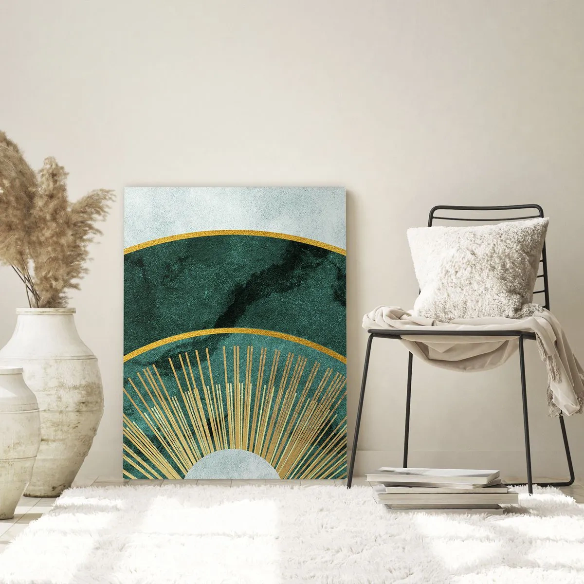 Glasbild - Bild auf glas - Goldene Strahlen vor einem Hintergrund aus grünen Halbkreisen mit Marmorstruktur - 50x70cm - Anderes Sonnensystem - Moderne Wanddekoration für Wohnzimmer und Schlafzimmer ARTTOR