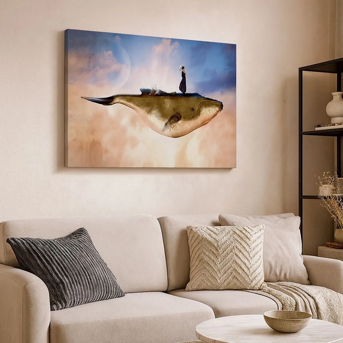 Bild auf Leinwand - Leinwandbild - Eine fantastische Szene einer Frau auf einem Wal zwischen den Wolken - 70x50cm - Eine echte Reise - Moderne Wanddekoration für Wohnzimmer und Schlafzimmer ARTTOR