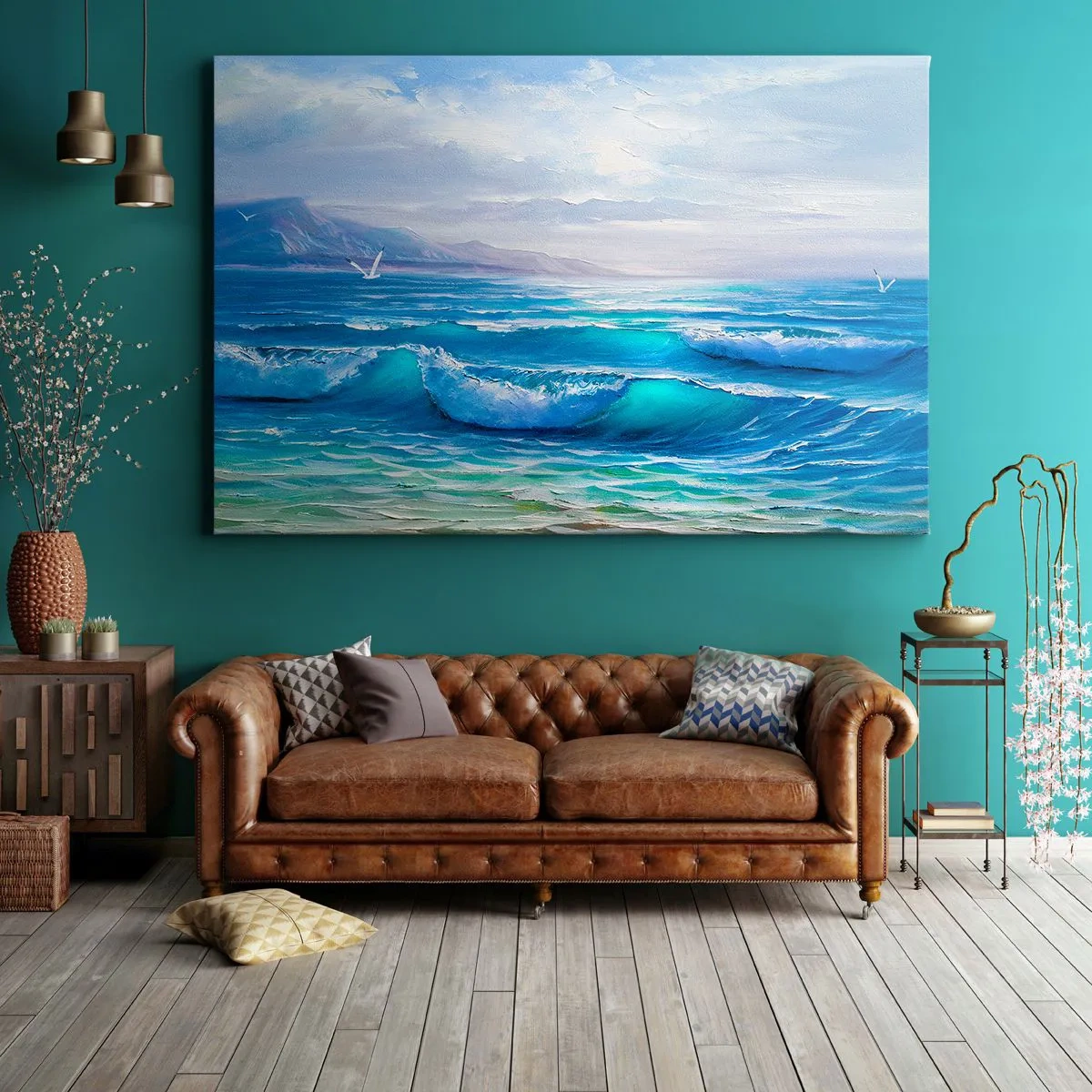 Bild auf Leinwand - Leinwandbild - Eine malerische Meereslandschaft mit Wellen und blauem Himmel - 120x80cm - Es bringt Erleichterung - Moderne Wanddekoration für Wohnzimmer und Schlafzimmer ARTTOR