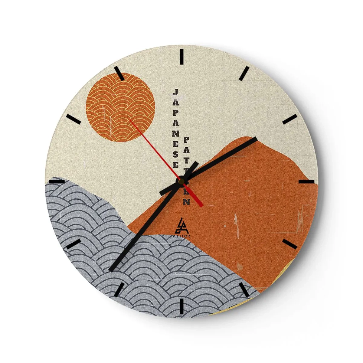 Wanduhr - Glasuhr - Grafische japanische Muster mit Bergen, Sonne und Wellen - 30x30cm - Im japanischen Geist - Moderne Wanddekoration für Wohnzimmer, Küche und Schlafzimmer ARTTOR