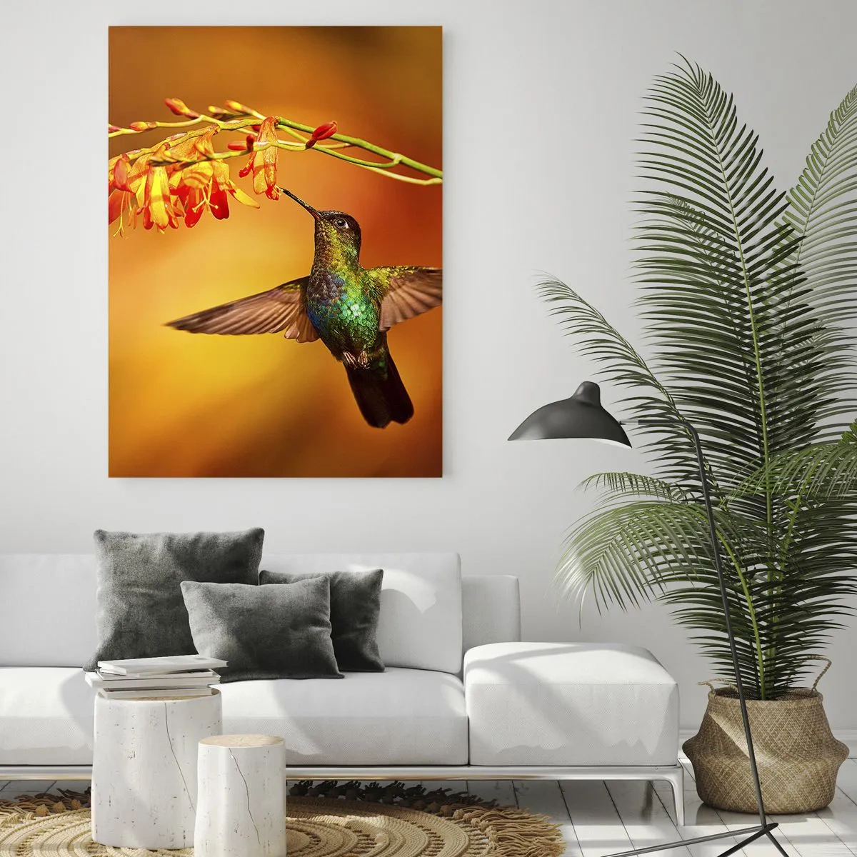 Glasbild - Bild auf glas - Kolibri neben einer Blume im warmen Licht - 70x100cm - Ein Lichtbote nach den Maya - Moderne Wanddekoration für Wohnzimmer und Schlafzimmer ARTTOR