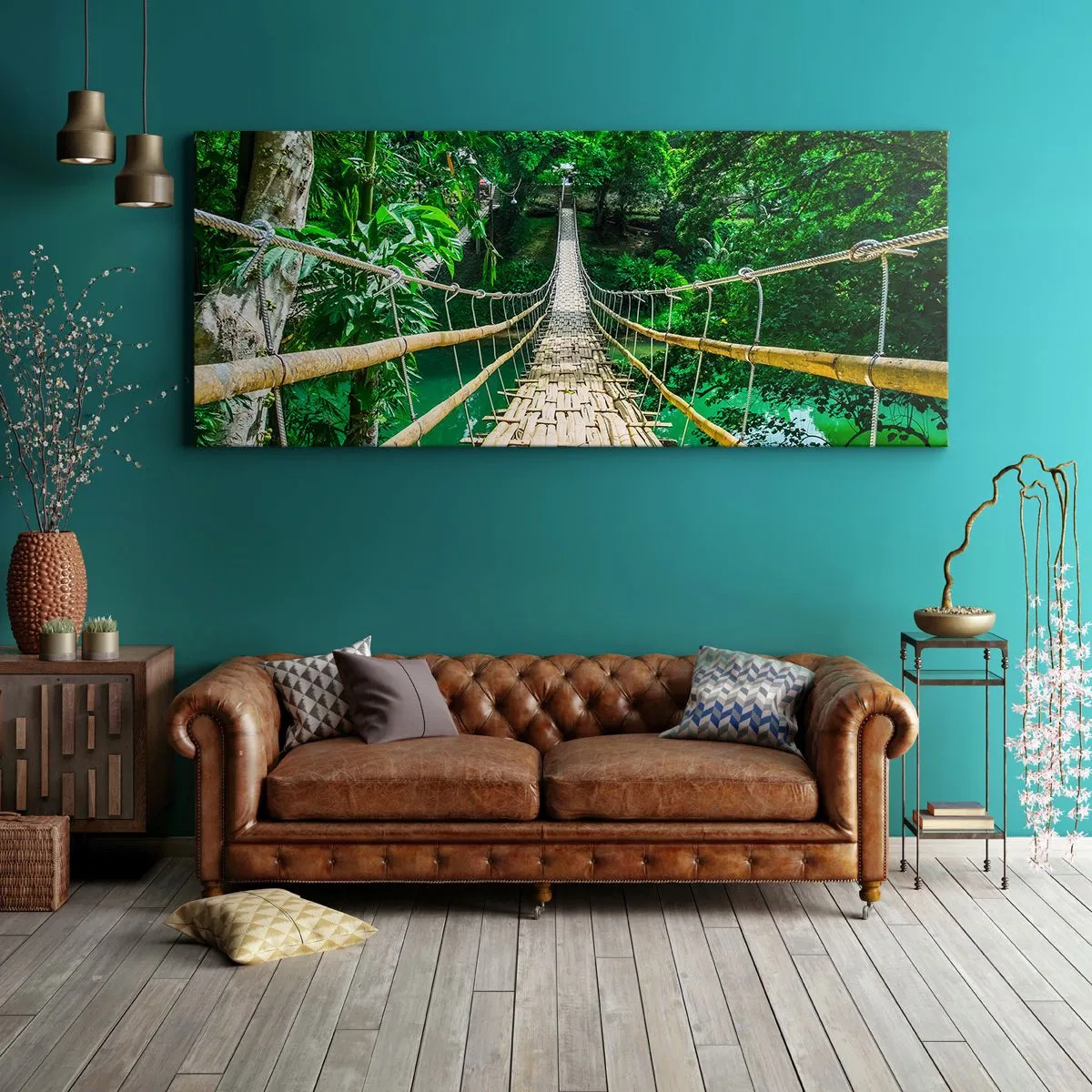 Bild auf Leinwand - Leinwandbild - Eine hängende Bambusbrücke, umgeben von Grün - 160x50cm - Monkey Bridge über das Grün - Moderne Wanddekoration für Wohnzimmer und Schlafzimmer ARTTOR