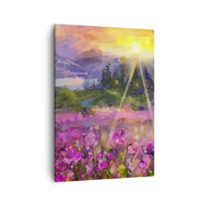Bild auf Leinwand - Leinwandbild - Eine malerische Wiese in den Strahlen der untergehenden Sonne - 50x70cm - Im Tal unter dem Schutz der Sonne - Moderne Wanddekoration für Wohnzimmer und Schlafzimmer ARTTOR