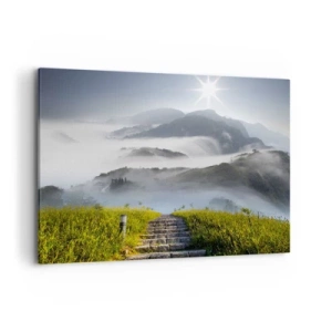 Bild auf Leinwand - Leinwandbild - Steintreppen führen durch die in Morgennebel gehüllten Berge - 100x70cm - Immer noch den Wolken entgegen - Moderne Wanddekoration für Wohnzimmer und Schlafzimmer ARTTOR