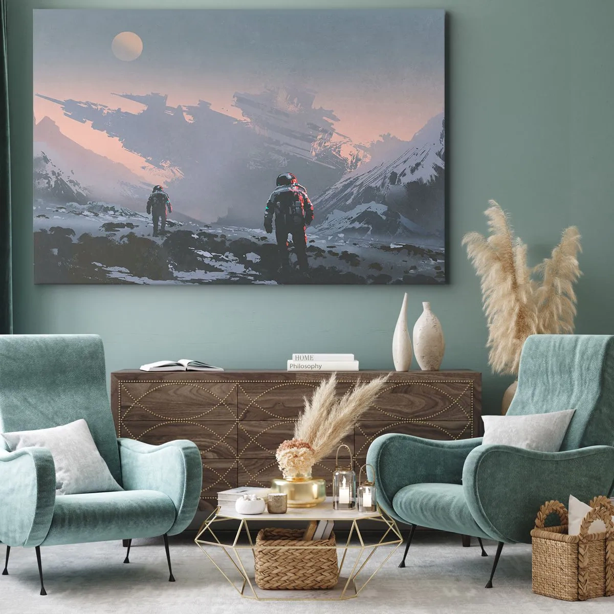Bild auf Leinwand - Leinwandbild - Astronauten auf einem fremden Planeten mit einem Raumschiffwrack - 70x50cm - Unter einem unbekannten Stern - Moderne Wanddekoration für Wohnzimmer und Schlafzimmer ARTTOR