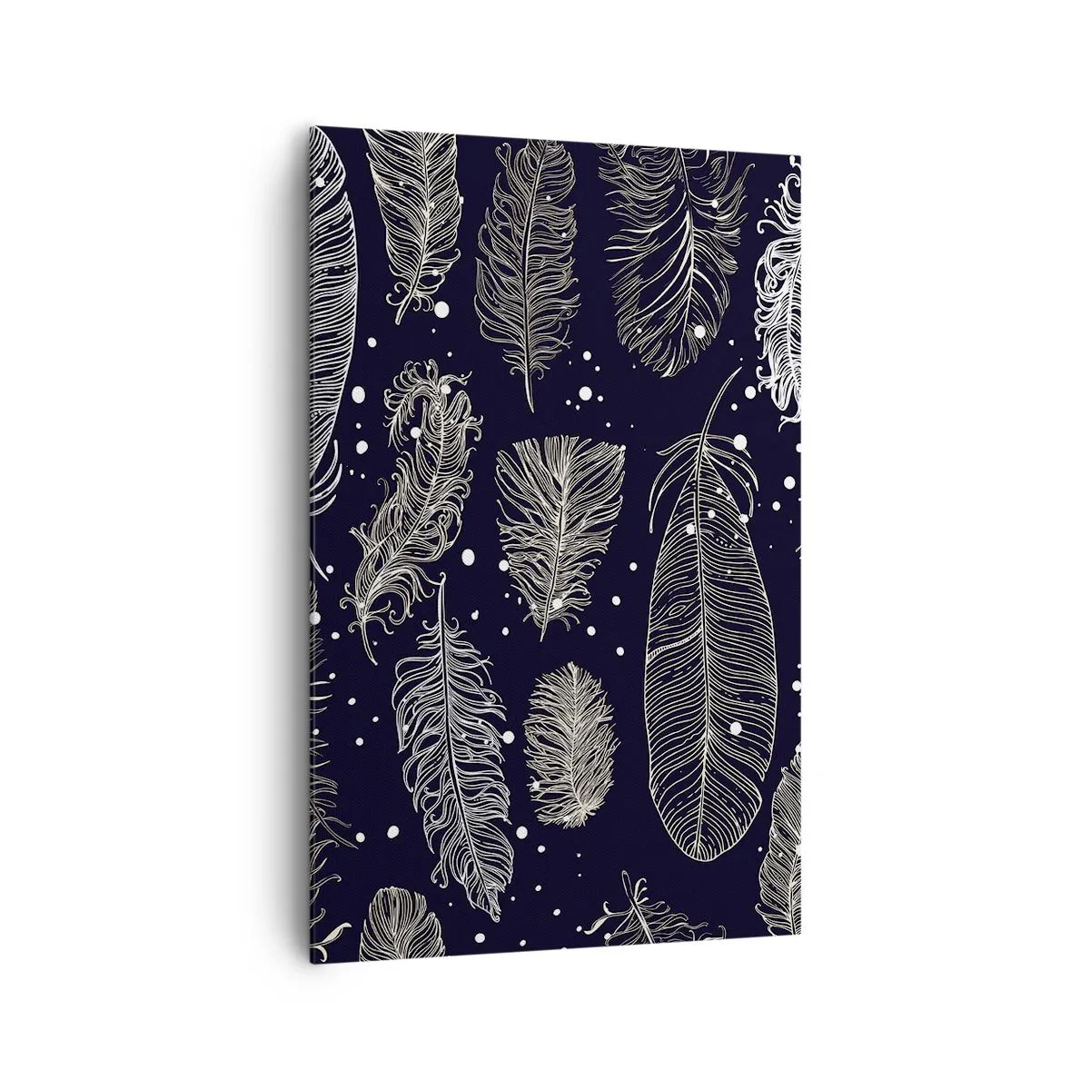 Bild auf Leinwand - Leinwandbild - Zarte weiße Federn auf marineblauem Hintergrund - 80x120cm - Gefiederte Spitze - Moderne Wanddekoration für Wohnzimmer und Schlafzimmer ARTTOR