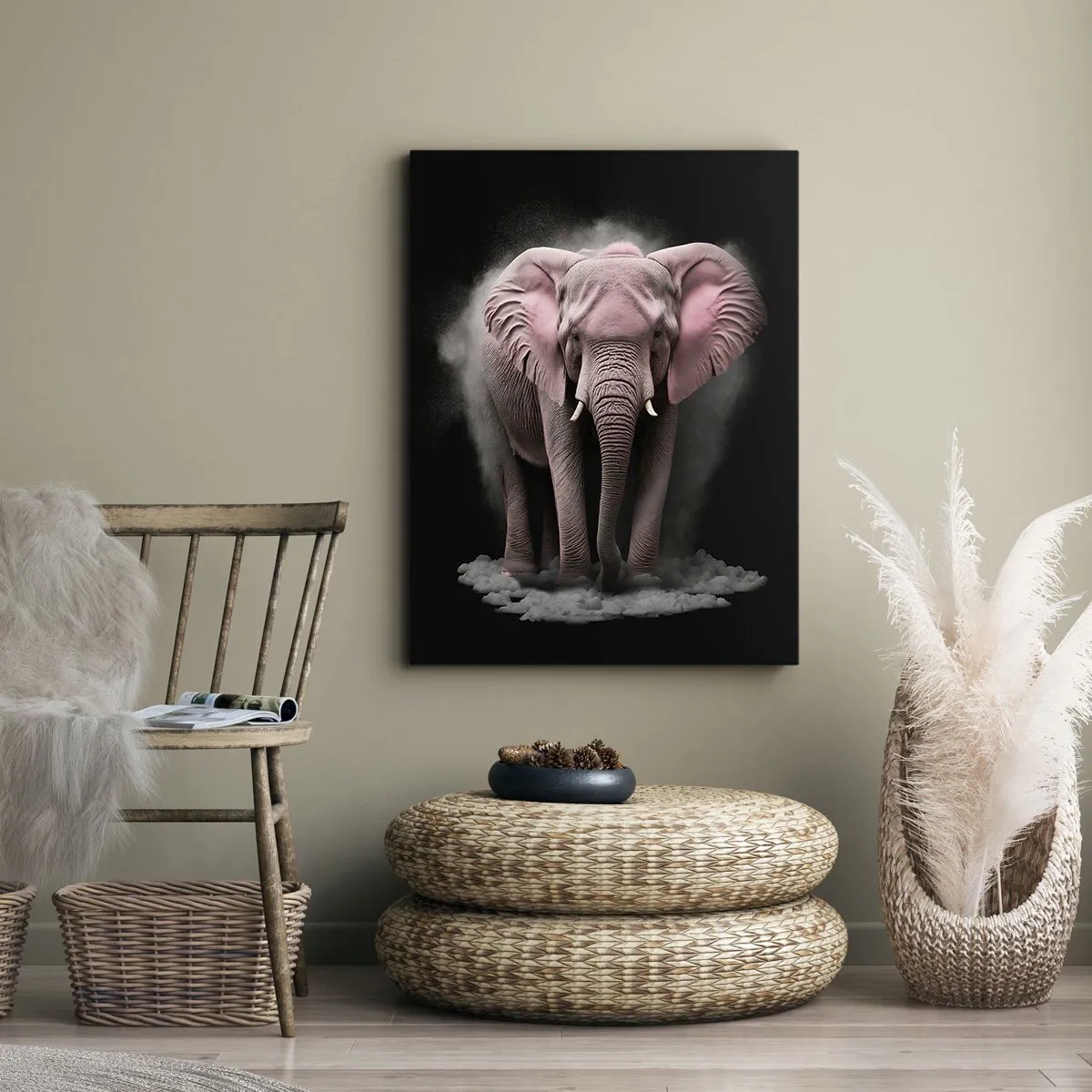 Bild auf Leinwand - Leinwandbild - Eine künstlerische Interpretation eines rosa Elefanten auf schwarzem Hintergrund - 50x70cm - Denke nicht an einen rosa Elefanten! - Moderne Wanddekoration für Wohnzimmer und Schlafzimmer ARTTOR