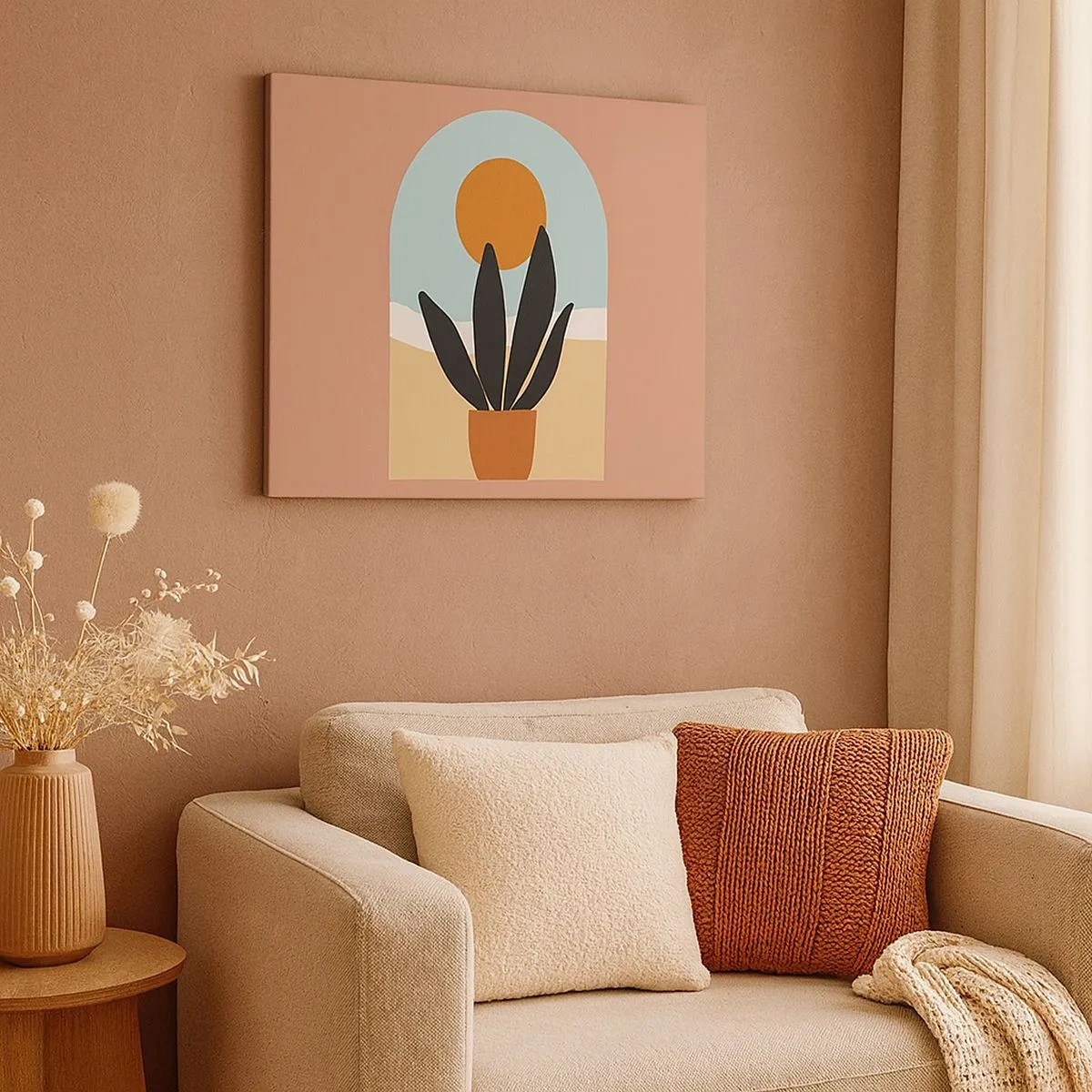 Bild auf Leinwand - Leinwandbild - Eine schwarze Pflanze in einem Topf gegen die Sonne - 70x50cm - Kleine Freuden - Moderne Wanddekoration für Wohnzimmer und Schlafzimmer ARTTOR