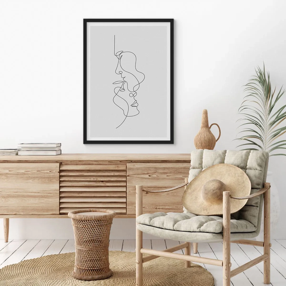 Poster in einem schwarzem Rahmen - Eine minimalistische Umrisszeichnung zweier Gesichter in Schwarz auf hellem Hintergrund. - 50x70cm - Die Hitze bitterer Begierden - Moderne Wanddekoration für Wohnzimmer und Schlafzimmer ARTTOR